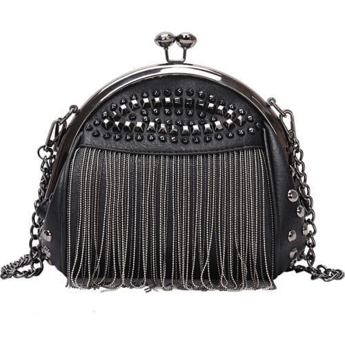 2019 Punk Style Women Bag PU Leather Handbag with Rivet and Tassel Purse Womens Shoulder Bags Small Cross Body Bag Chain