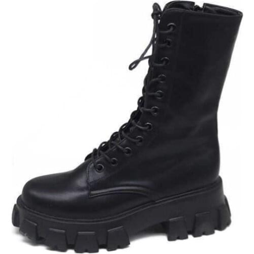 Women Motorcycle Boots Wedges Flat Shoes Woman High Heel Platform PU Leather Boots Lace Up Women Shoes Black Boots Girls