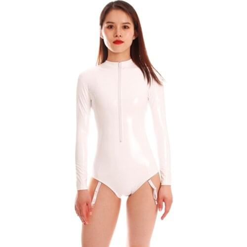 Womens Shiny Leather Long Sleeve Stretchy Bodysuit With Zipper And Garters PU Swimsuit Faux Leather Sukumizu Solid Tights