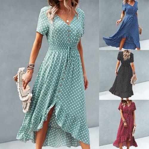 Boho Short Sleeve Polka Dot Button Summer Dress Elegant Long Dresses Women Casual Beach Party Robe