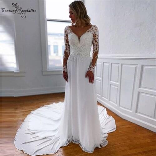 Vestido De Noiva Beach Long Sleeve Wedding Dresses 2020 Lace Appliques Beaded Long Train Boho Bridal Gowns Robe De Mariee
