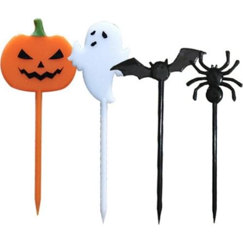 10PCS Halloween Cupcake Topper Cake Dessert Pick Toothpick Plastic Fruit Fork Ghost Spider Bat Decor for Kids Birthday Party