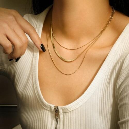 14K Gold Plated Stainless Steel Chunky Necklace For Women 3-layer Snake Chain Stacking Choker Jewelry