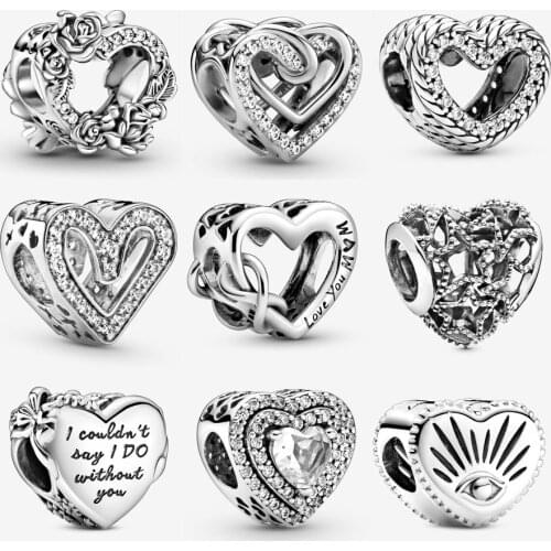 2020 New Style 925 Sterling Silver Open Heart & Rose Flowers Charm Fit pandora Bracelet Style Charm Jewelry Valentines Day Gift