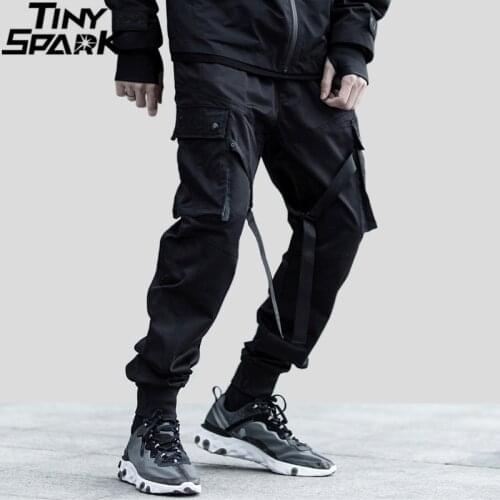 2020 Hip Hop Streetwear Cargo Pants Pocket Men Harajuku Harem Pant Swag Ribbon Joggers Pants Black HipHop Sweatpants High Street