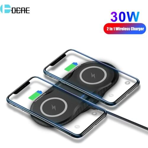 30W Double Wireless Charger Pad for iPhone 12 11 XS XR X 8 AirPods Pro Dual Qi Fast Charging Station For Samsung S21 S20 Note 20