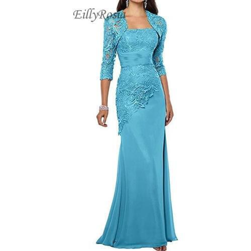 Turquoise Lace Mother of the Bride Dresses with Jacket Appliques Three Quarter Long Sleeves Mermaid Mothers Evening Gowns