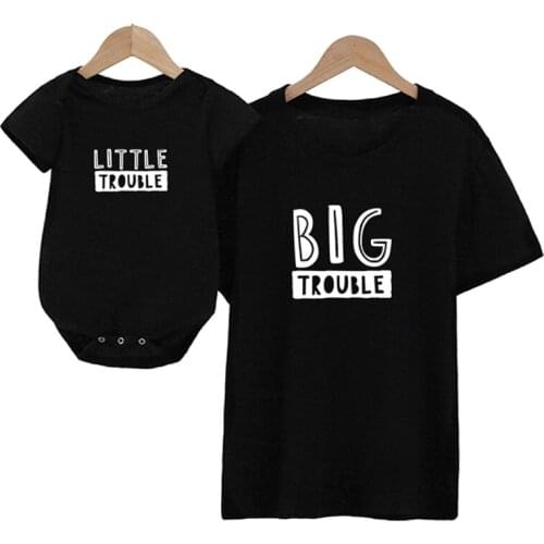 Big Trouble Little Trouble Family Matching Clothes Outfits Cotton Dad Daughter Son T Shirt Mother Baby Girl Boy Romper Clothes
