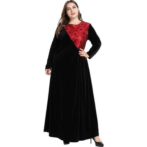 Black Patch Middle East Gown Red Jacquard Long Sleeve Maxi Dress Autumn Winter Warm Pleuche Abaya Muslim Dresses Vestidos M- 4XL