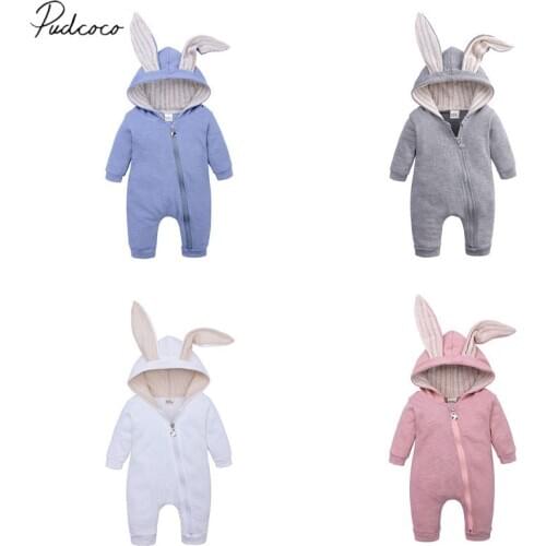 2019 Baby Autumn Winter Clothing Newborn Baby Boy Girl 3D Bunny Ears Romper Long Sleeve Clothes Rabbit Overall Zip Warm Jumpsuit