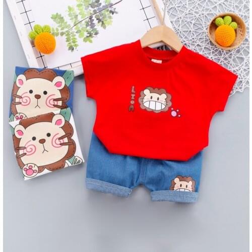 Childrens Boy Suit Summer Cartoon Printing Short Sleeve T Shirts+ Denim Shorts Kids Toddler Baby Boys Clothes Sets