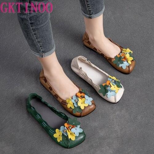GKTINOO 2021 Soft Genuine Leather Flat Shoes Slip On Women Flats with Flowers Ladies Shoes Women Designers Loafers