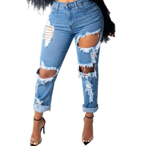 Hirigin Summer Womens Sexy Club Hole Ripped Jeans Pants Fashion Solid Color Boducon Elastic Casual Pencil Pants Daily Life