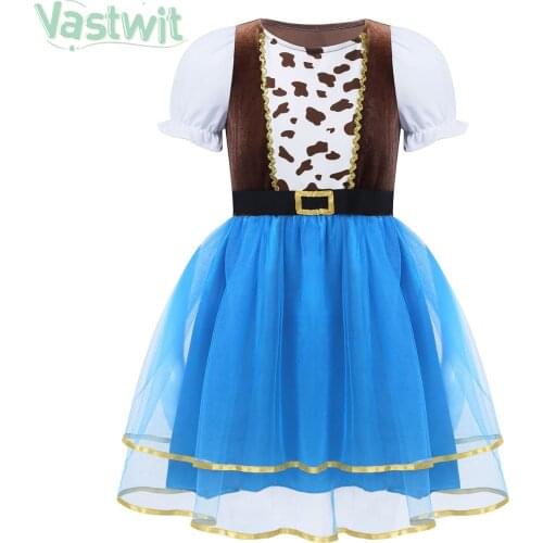 Cowboy Cowgirl Girls Tulle Mesh Tutu Dress Fancy Puff Sleeve Girl Birthday Party Dress Kids Halloween Cosplay Dress Up Costume