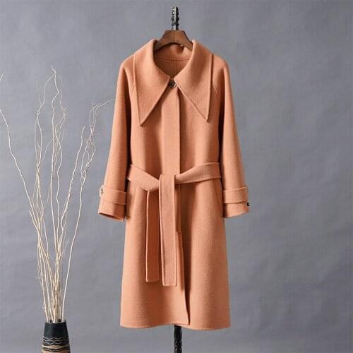 Autumn New Solid Double Faced Wool Coat For Women Medium Mid-Length Black Loose Jacket Belt Windbreaker Female Outerwear