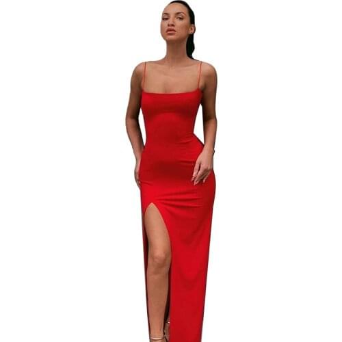 Summer Women Spaghetti Strap Party Dress Sexy Split Solid Slim Lady Ankle Fashion Length Vintage Wear Dresses New
