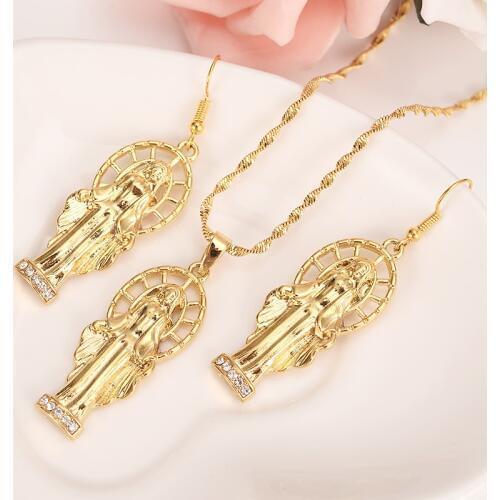 Gold Virgin Mary religions Jewelry Set Trendy Our Lady Women Men party czJewelry Cross Pendant earring Set for women girls gift