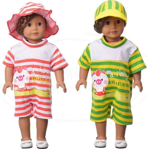 Summer New Pattern Fashion Cute Piggy Jumpsuit Two Piece Set Fit 18 Inch American 43cm Baby Doll Clothes Accessories,Girls Toys