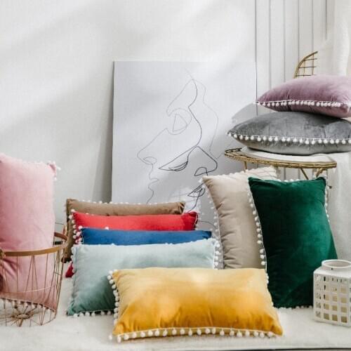 50x30cm solid color velvet cushion cover pompom pillowcase rectangle waist pillow cover decorative lumbar pillow case