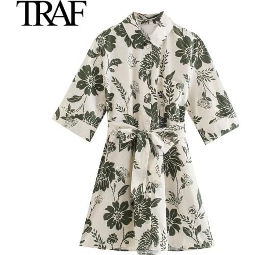 Traf Za Women Fashion French Elegance Short Sleeve Dress Summer Vintage Floral Print Shirt Dress Bow Mini Dress Vestidos Mujer