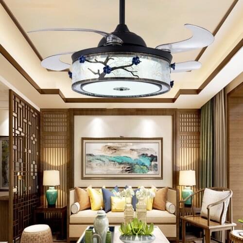 LED Retro Ceiling Fan Light Invisible Ceramic Flower Ceiling Fan Light Led Remote Control Bedroom Ceiling Fans with Lights
