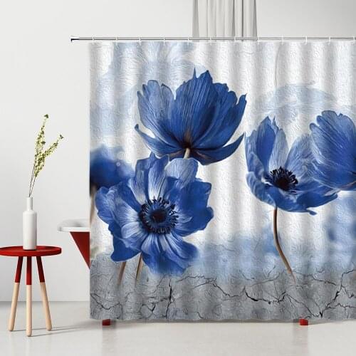 Floral Shower Curtain Creative Abstract Blue Flowers Washable Polyester Bathtub Decor Set With Hooks Bathroom Fabric Curtains