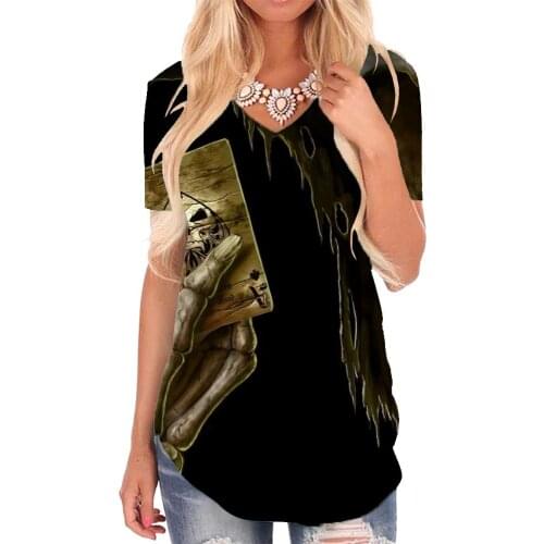 Giyu Brand Skull T-shirt women Skeleton V-neck Tshirt Playing Cards Tshirts Printed Rock Funny T shirts Womens Clothing
