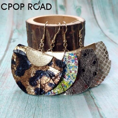 Cpop Half Moon Leather Earrings for Women Vintage Glitter Flower Print Cowhide Leather Earrings Female Cute Sector Accessories