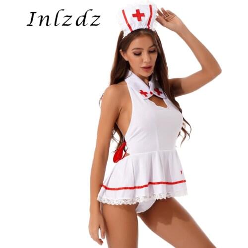Womens Lingerie Nurse Role Play Outfits Sexy Cosplay Nightwear Lace Trim Backless Sleeveless Mini Dress with G-string Hair Hoop