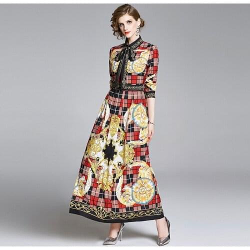 NRJ-6F-613-B-8899 Runway Dress 2020 Spring Women Bow Vintage Pleated Maxi Long Dress