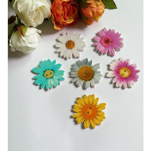 120Pcs Random Mixed Flower Wood Sewing Buttons 2 Holes Pattern Scrapbooking 35mm Decorative Buttons Scrapbook for Cra
