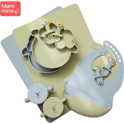 6PCS/Set Baby Silicone Feeding Tableware Food Grade Silicone Sheep Plate Bibs Dinnerware Forks Spoon Feeding Cups Baby Supplies