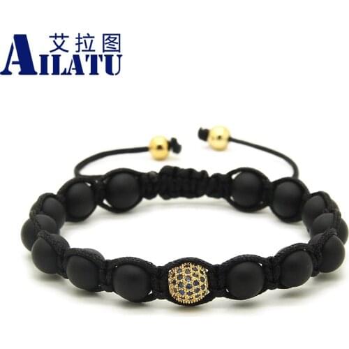 Ailatu Wholesale 10pcs/lot Nautral Matte Onyx Stone Beads with 9mm Blue Micro Paved Blue Zircons Braiding Macrame Cz Bracelet