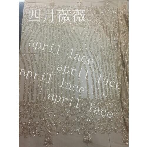 Ap2051# 5 yards champagne gold sexy best quality hand print glued glitter net tulle mesh sugar lace fabric for sawing dress