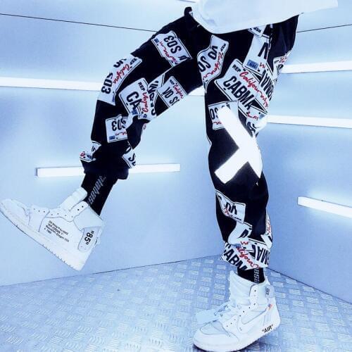Cargo Pants Mens Korean-Style Hip Hop Sports High Waist Large Cropped Pants Loose Trousers Sweat Pants Reflective Joggers Print