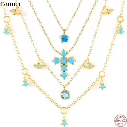 CANNER Real 925 Sterling Silver Turquoise Cross Water Droplets Pendente Long Chain Necklace Charming Clavicle Chain Fine Jewelry