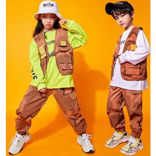Children Hip Hop Ballroom Dance Orange Camouflage Clothes for Girls Boys Sweatshirt Tops Jogger Pants Jazz Dancing Costumes