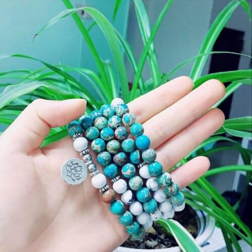 HFANCYW New Arrival 8mm Natural Howlite Imperial Stone 108 Beads Mala Bracelet High Quality Lotus Charm Women Bracelet /Necklace