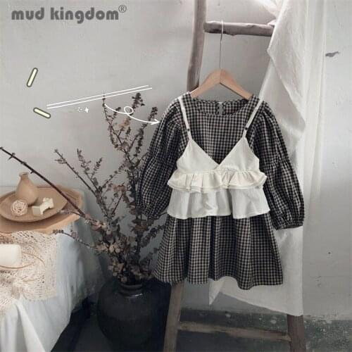 Mudkingdom Girl Plaid Dress O-neck Long Puff Sleeve Solid Sling Dresses Set for Little Girls Spring Autumn Outfits Kids Clothes
