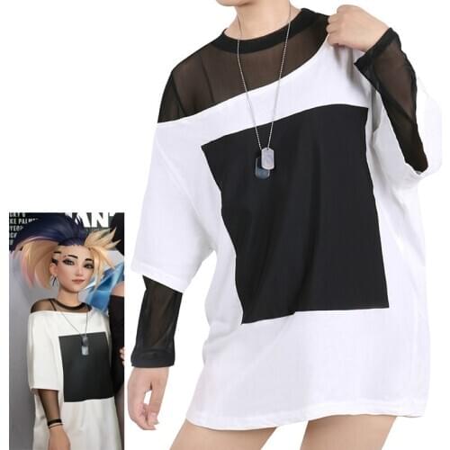 3pcs Cosplay KDA Akali Costume New Arrival Adult Women Loose off-the-shoulder White T-shirt+Necklace Halloween Costumes C115M29