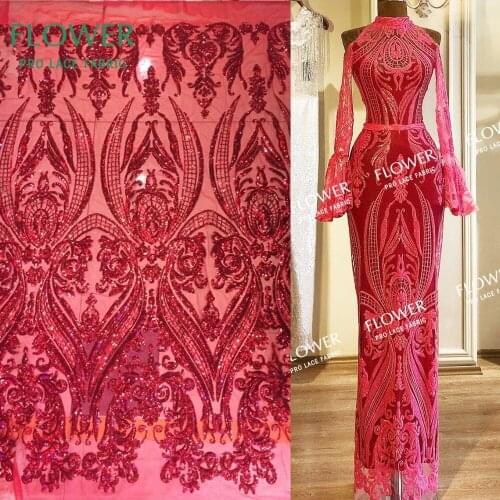 Red Sequined Embroidered Mesh Tulle Lace Fabric African French Net Wedding Laces Indian Noble Lady Dress Fabric Sequins Material