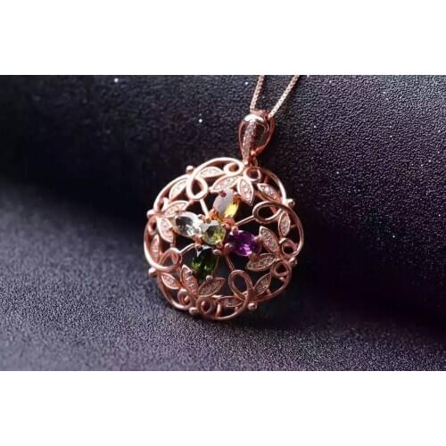 Natural Multicolor tourmaline Pendant natural gemstone pendant S925 silver luxurious round luck Clover girl party gift jewelery