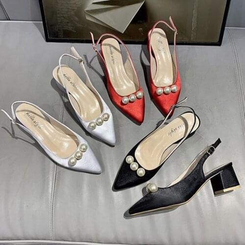 Summer Women Pointed Toe Sandals Silk Pumps Wedding Shoes Pearls Med Heels Dress Shoes Slingbacks Sandalias mujer Black 9111G