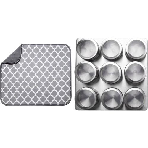 HOT-9 Pieces Magnetic Spice Jars Set Stainless Steel & 1x Kitchen Countertop Suction Mat