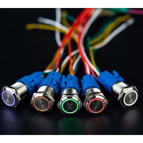 16/19/22mm Momentary/ Latching Waterproof Ring LED lighted Metal Push Button switch harness 3V 5V 12V 24V 220V