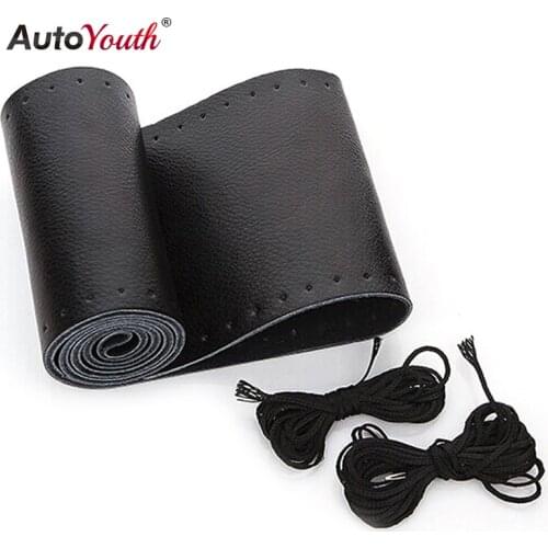 AUTOYOUTH DIY Steering Wheel Cover Stitch On Wrap Cowhide Leather Handmade Universal Car Accessories with Needle/Thread Kit 1PC