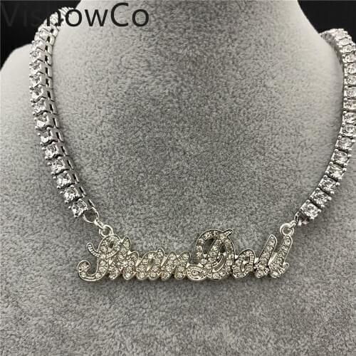 VishowCo Custom Name Necklace Personalized Stainless Steel Large Rhinestone Choker Custom Name Zircon Pendant Nameplate Jewelry