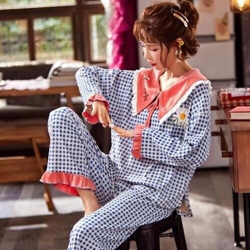 Autumn Knitted 100% Cotton Plaid Pajamas Set Women Pyjamas Sleepwear Nightwear Pijamas Mujer Big Size M-XXL Long Pants Homewear
