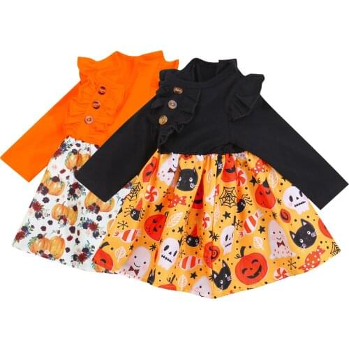 Halloween Little Girls Long Sleeve Pumpkin / Grimace Printed O-neck Dress For 1-5Years Black/orange