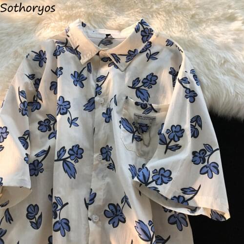 Shirts Women Floral Printed Loose Pockets Chain Couples Harajuku Fashion Casual Elegant Blouses Chic Ulzzang Ladies Streetwear